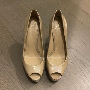 B Brian Atwood Patent Leather Peep Toe Pump